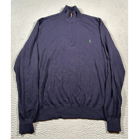 Polo Ralph Lauren Sweater Mens XL Blue Merino Wool Knit Pony Logo Quarter Zip - Picture 1 of 9